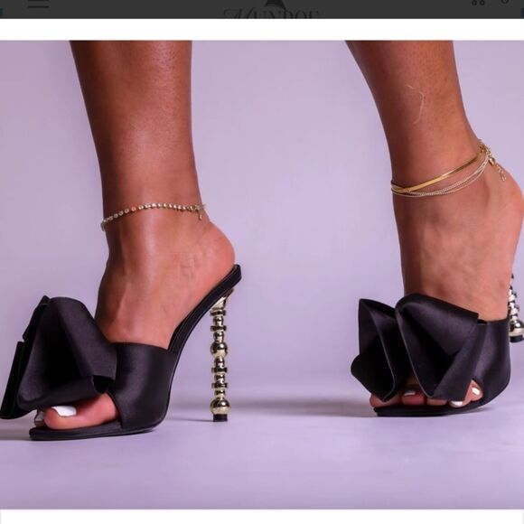 Cape Robbin Oversized Black Bow Detail Mule Gold Accent Bubble Heel/Stiletto - Picture 8 of 12